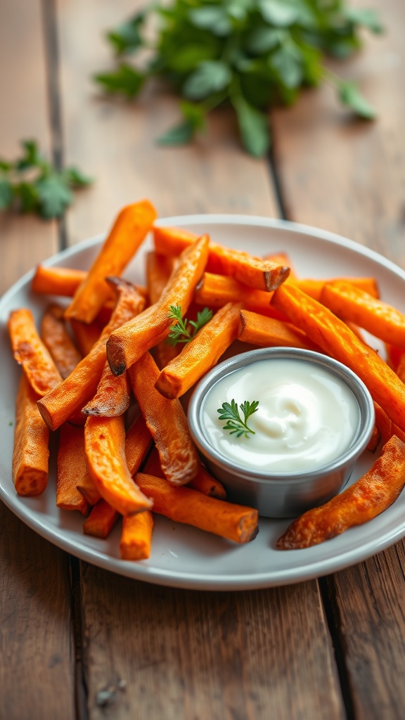 Crispy sweet potato fries on a plate with garlic aioli and parsley garnish.